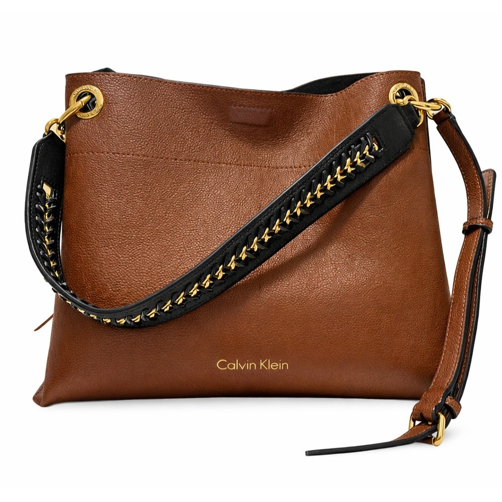 Calvin Klein Women's Reversible Hobo Shoulder Handbag Black Brown Faux Leather